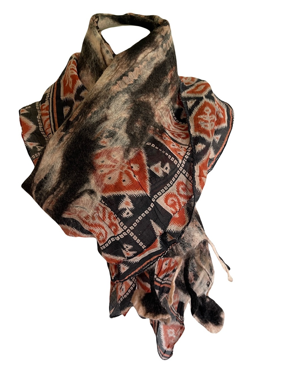 Nuno Felted Silk & Merino Wool Geometric Rust and Black Patterned Woman’s Scarf